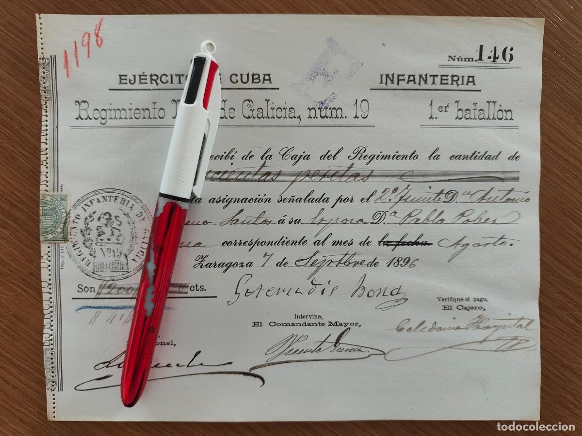Militaria: EJERCITO DE CUBA ADELANTO DE PAGA REGIMIENTO GALICIA 19 OFICIALES 1896