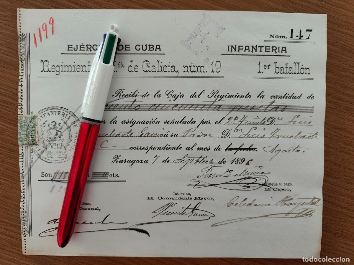 Militaria: EJERCITO DE CUBA ADELANTO DE PAGA REGIMIENTO GALICIA 19 OFICIALES 1896