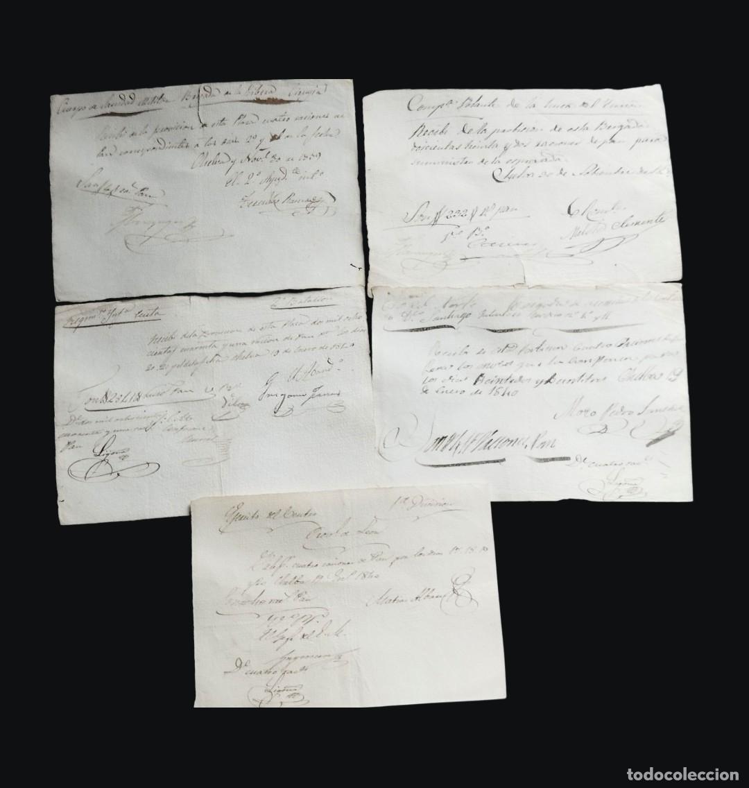 Militaria: Lote 5 Recibos Militares 1839-1840 - Suministros de Pan - Chelva (Valencia) - Guerra Carlista