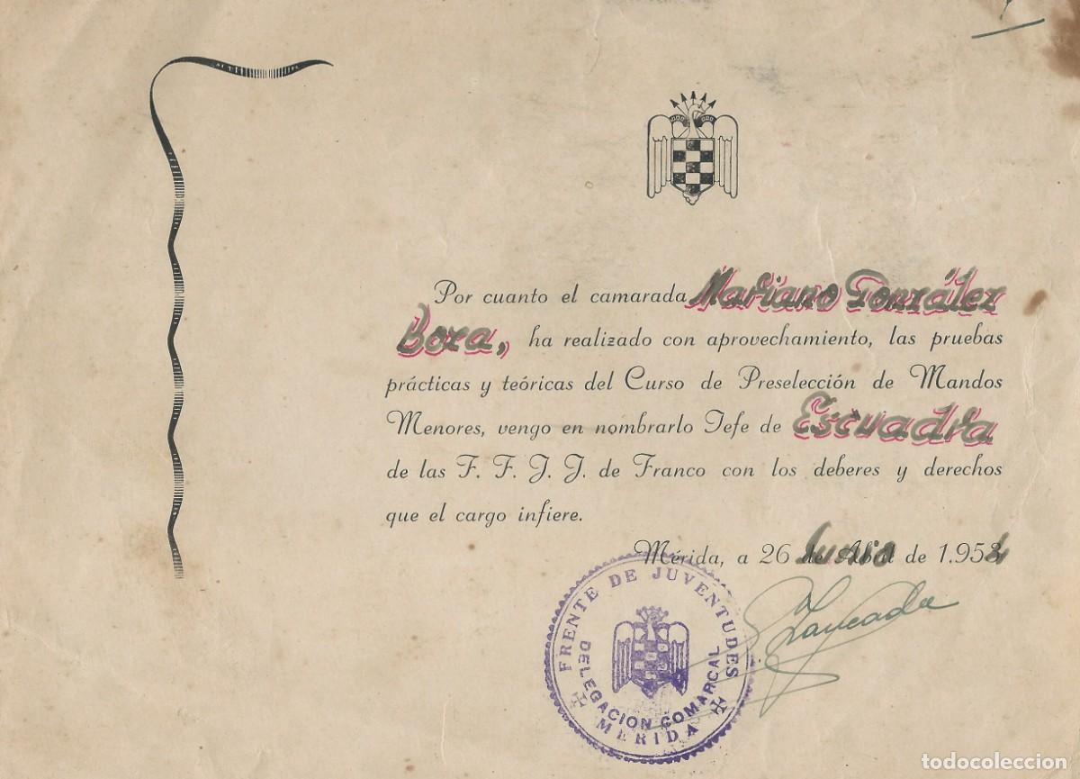 Military Antiques: FALANGE MERIDA 1954 JEFE DE ESCUADRA NOMBRAMIENTO 21X15 M3