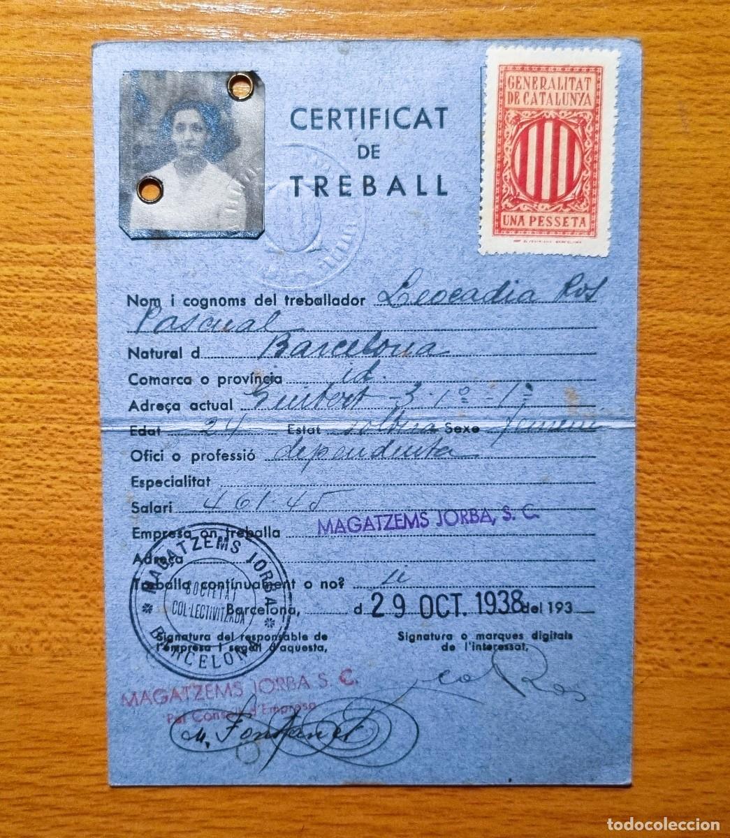 Militaria: BARCELONA CERTIFICADO DE TRABAJO DE LOS ALMACENES JORBA S.C.