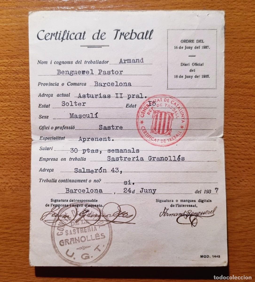 Militaria: BARCELONA CERTIFICADO DE TRABAJO DE UN APRENDIZ DE 15 A&Ntilde;OS 1937