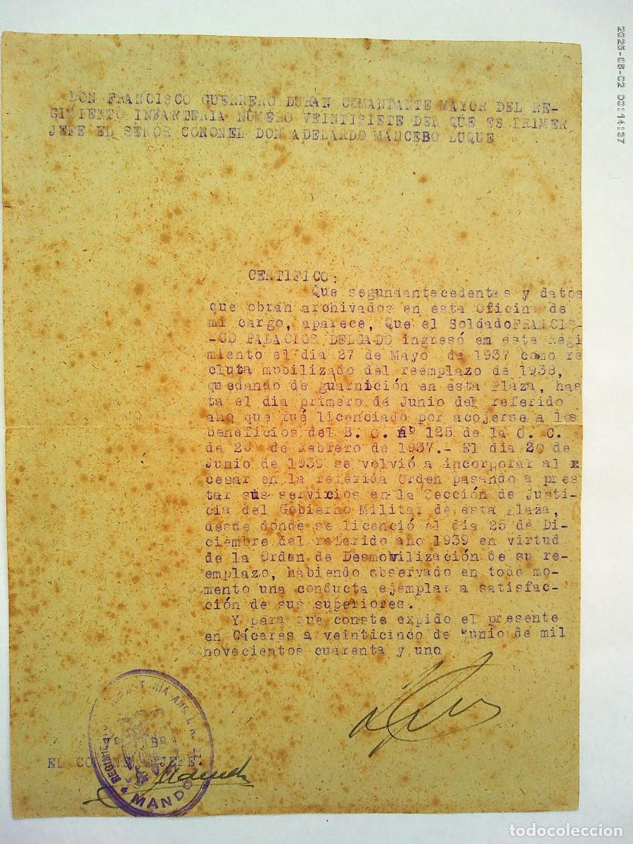 Military Antiques: REGIMIENTO INFANTERIA N&ordm; 27: CERTIFICADO DE SERVICIO DE SOLDADO DESDE MAYO 1937. CACERES 1941