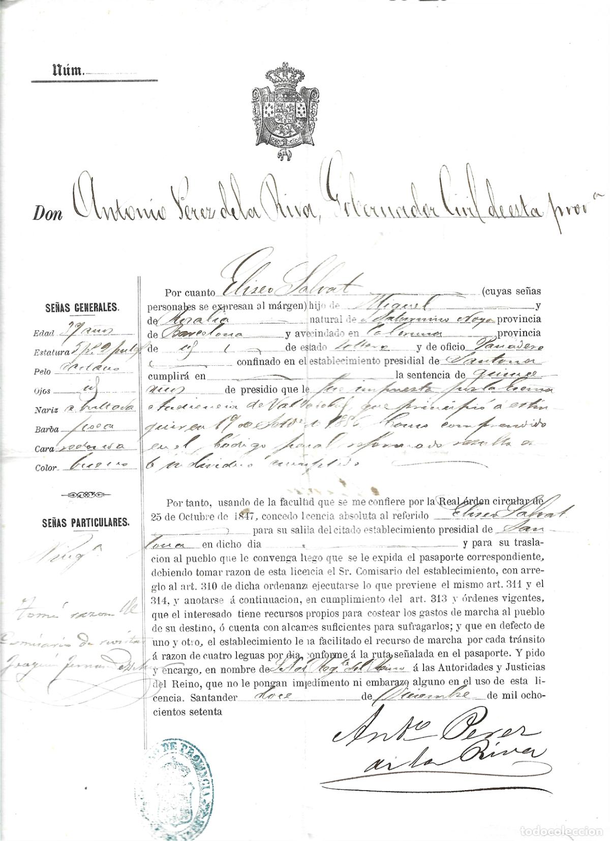 Militaria: PASAPORTE-LICENCIA PARA SALIR DE LA CARCEL DE SANTANDER AL HABER CUMPLIDO LA PENA-1870
