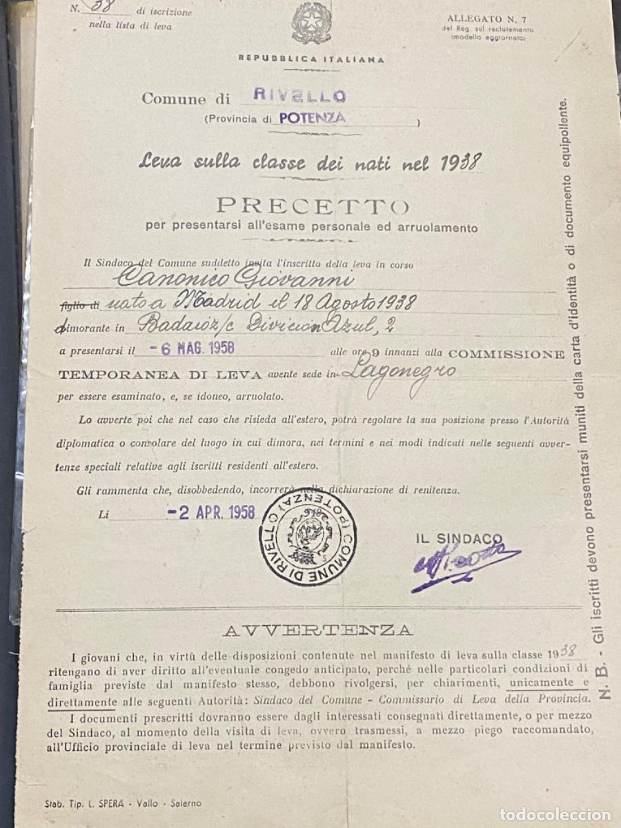Militaria: ANTIGUO DOCUMENTO RECLUTAMIENTO MILITAR OBLIGATORIO ITALIA A&Ntilde;OS 50
