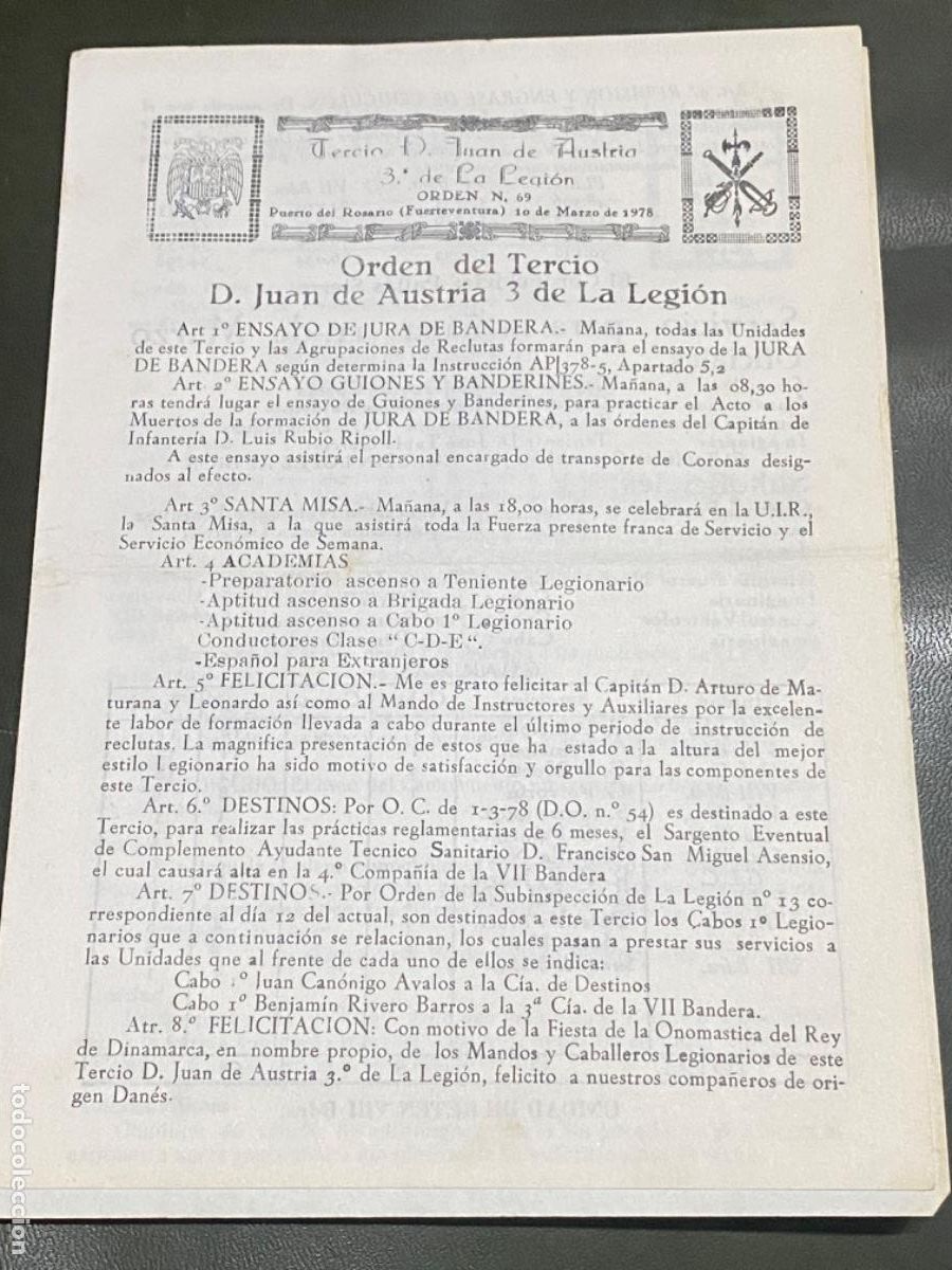 Militaria: ANTIGUO DOCUMENTO ORDEN 69 TERCIO D JUAN DE AUSTRIA LEGI&Oacute;N 1978