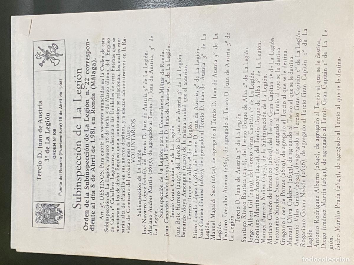 Militaria: ANTIGUO DOCUMENTO ORDEN 105 TERCIO D JUAN DE AUSTRIA LEGI&Oacute;N 1981