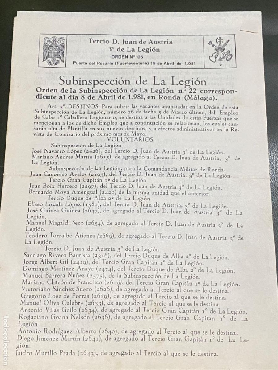 Militaria: ANTIGUO DOCUMENTO ORDEN 105 TERCIO D JUAN DE AUSTRIA LEGI&Oacute;N 1981