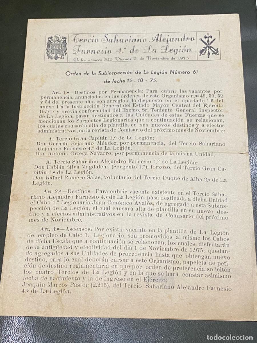 Militaria: ANTIGUO DOCUMENTO ORDEN 325 TERCIO SAHARIANO ALEJANDRO FARNESIO LEGI&Oacute;N 1975