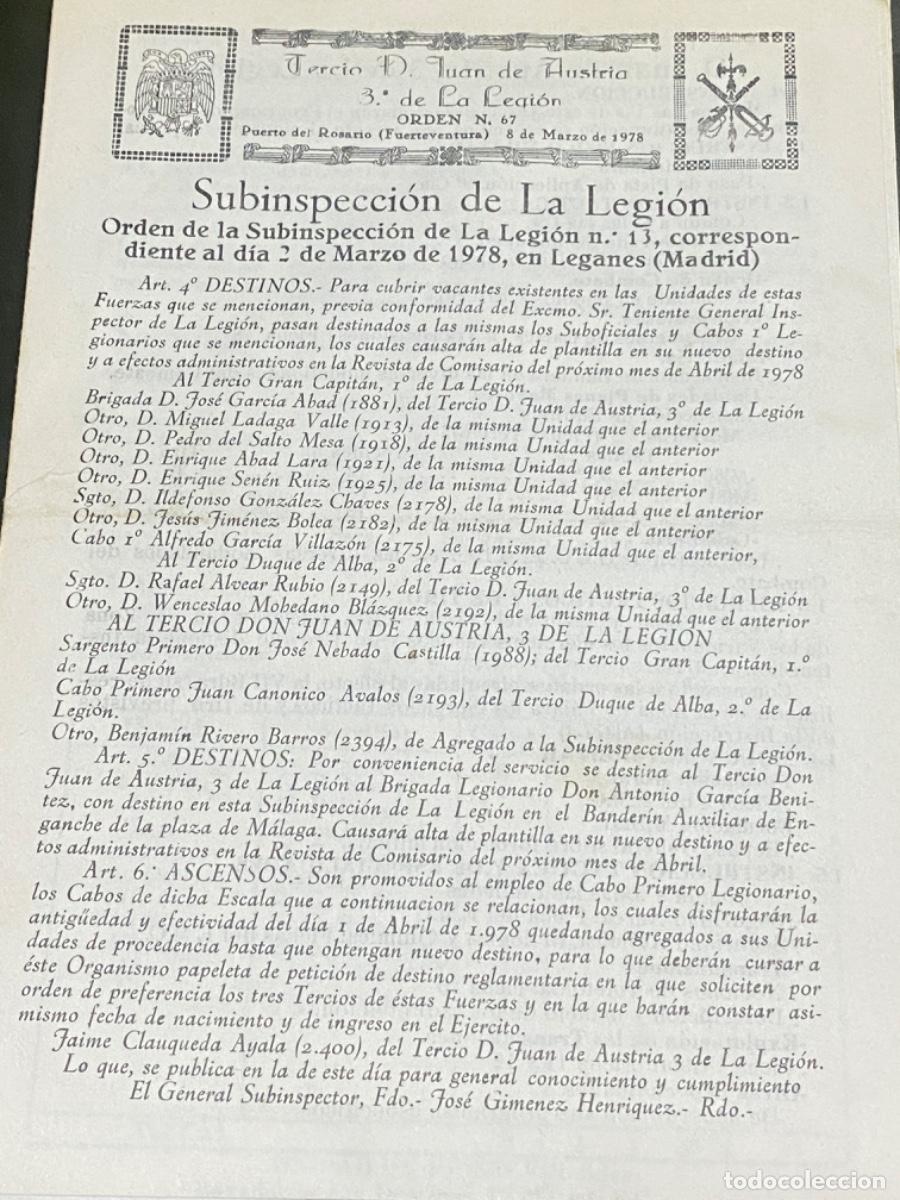 Militaria: ANTIGUO DOCUMENTO ORDEN 67 TERCIO D JUAN DE AUSTRIA 1978