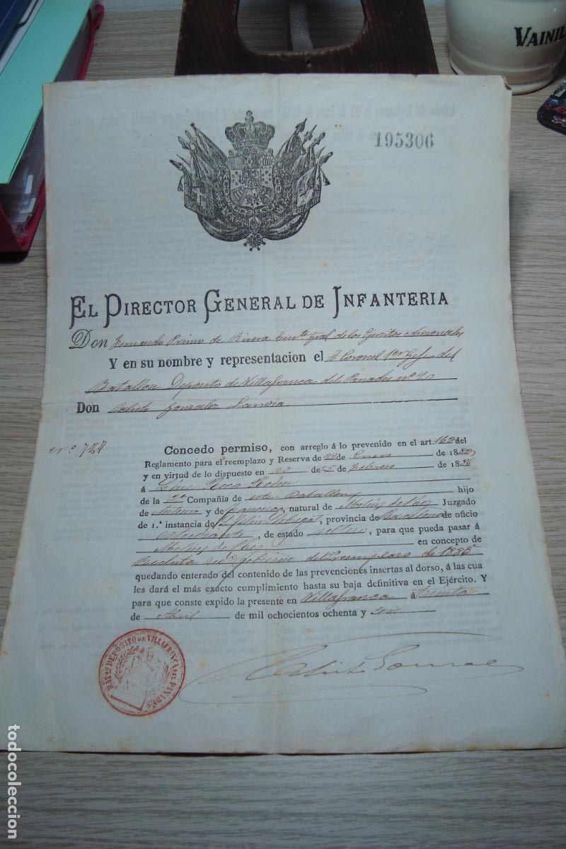 Militaria: CERTIFICADO PERMISO SOLDADO LUIS ROCA RODON DE MOLINS DE REY. BATALLON DEPOSITO VILLAFRANCA 1886