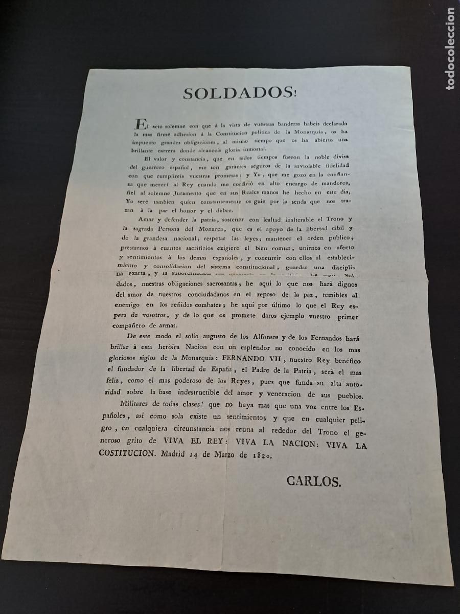 Militaria: TRIENIO LIBERAL-FERNANDO VII-ARENGA A LOS SOLDADOS A FAVOR DE LA CONSTITUCION (LA PEPA)-MARZO 1820