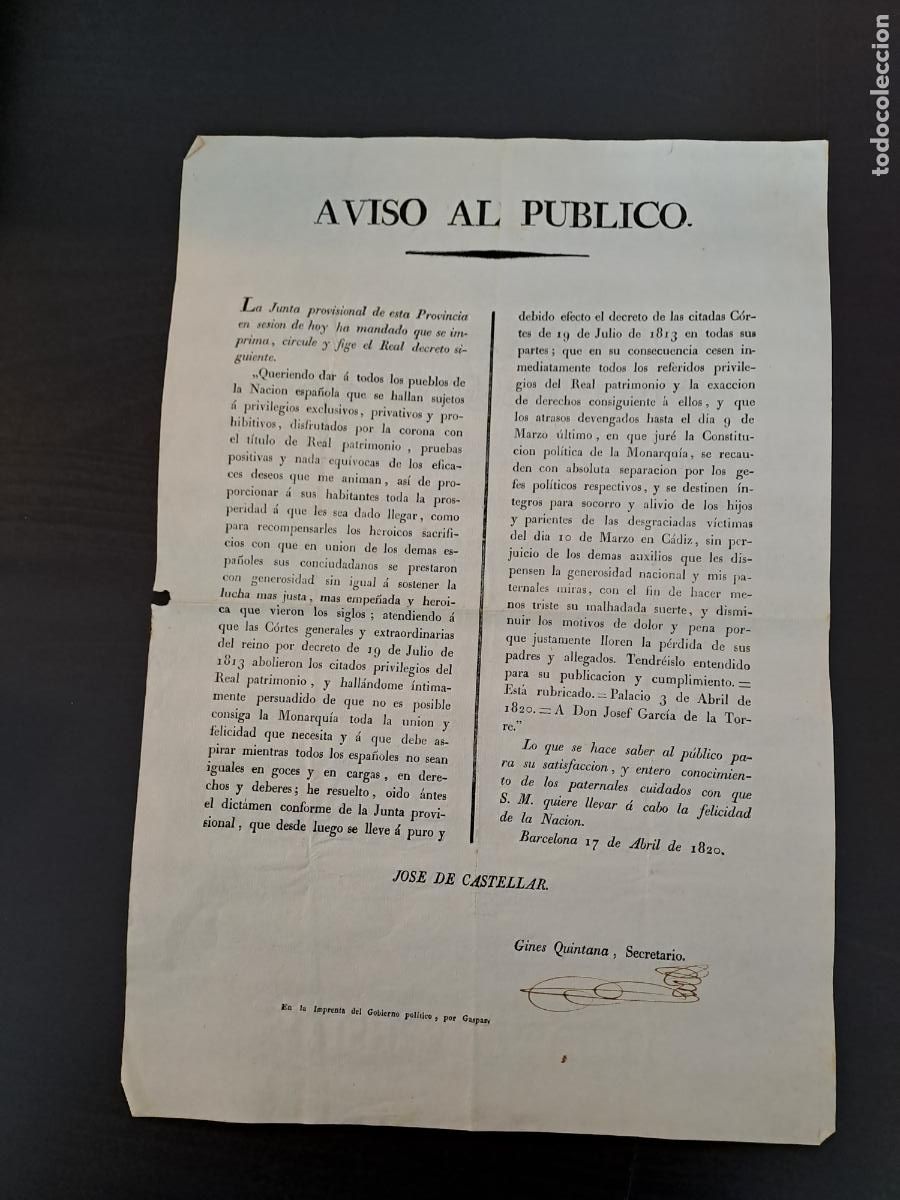 Militaria: TRIENIO LIBERAL-FERNANDO VII-AVISO AL PUBLICO PRIVILEGIOS CONSTITUCION (LA PEPA)-ABRIL 1820