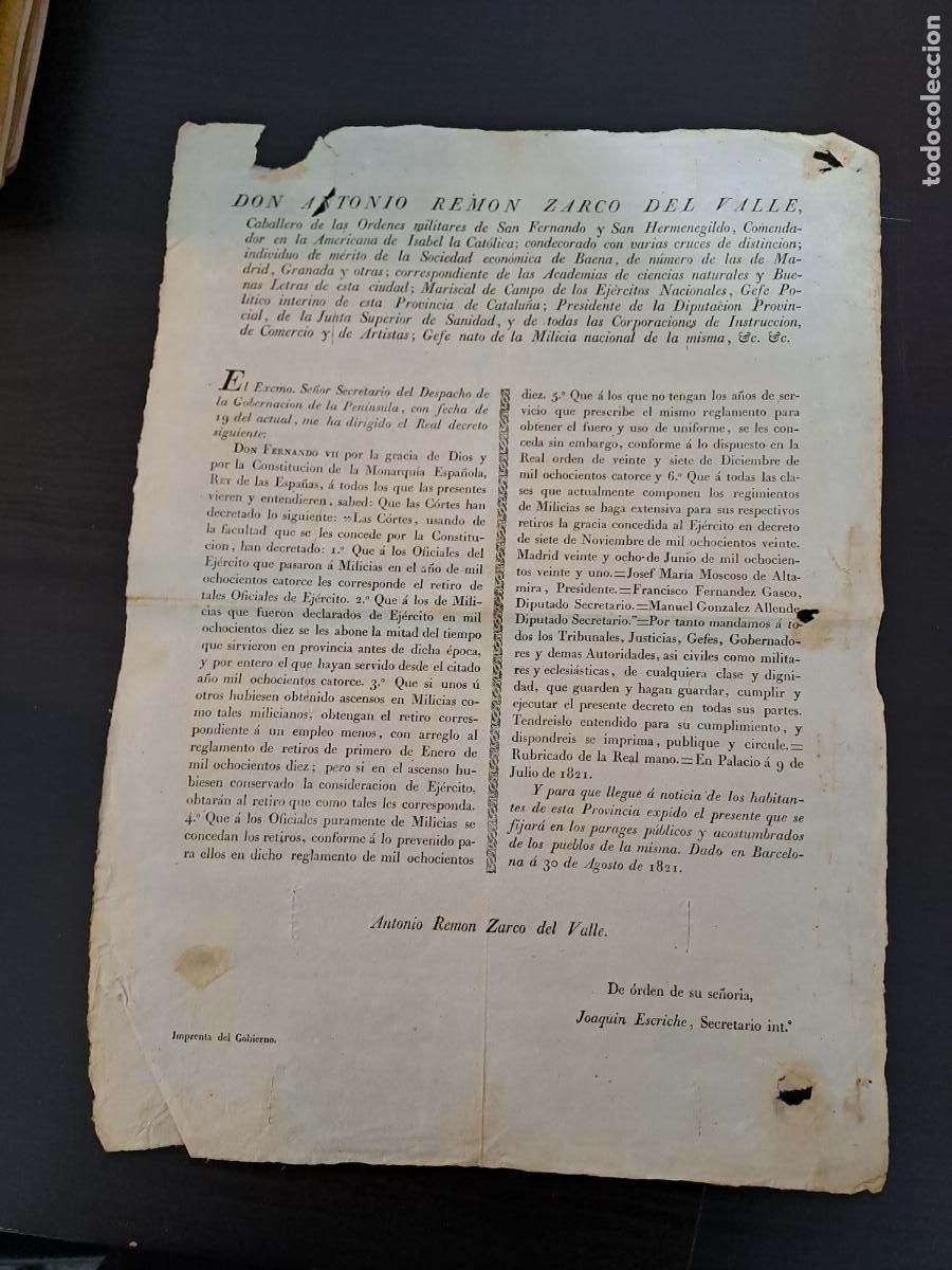 Militaria: TRIENIO LIBERAL-MILICIA NACIONAL-BANDO DE ANTONIO REMON ZARCO DEL VALLE JEFE MILICIA NACIONAL 1821