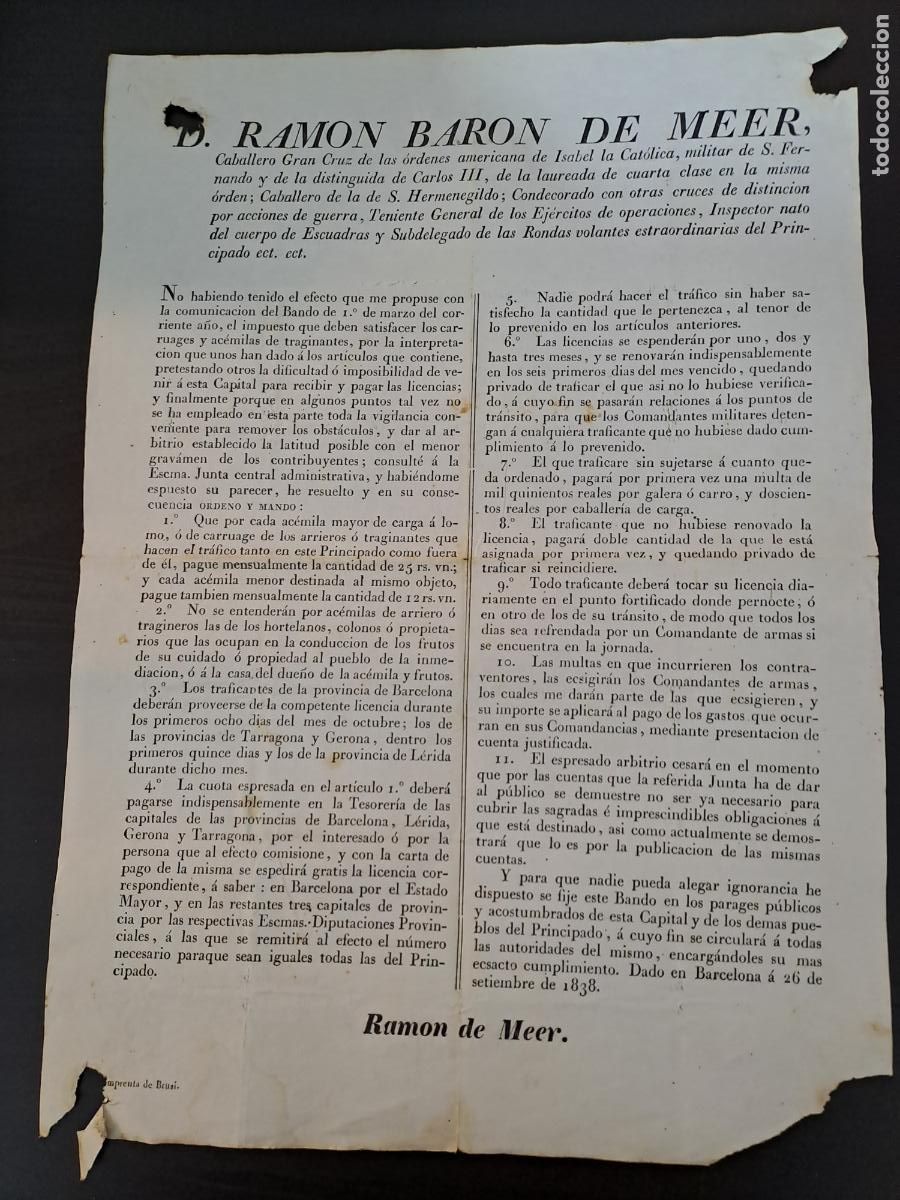 Militaria: BANDO DE RAMON BARON DE MEER-PAGO DE IMPUESTOS DE ARRIEROS Y TRAFICANTES DE CARGA Y CARRUAGES 1838