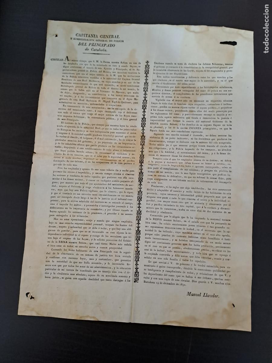 Militaria: MANUEL LLAUDER CAPITAN GENERAL SUBDELEGACION GENERAL DE LA POLICIA DEL PRINCIPADO DE CTALU&Ntilde;A-1832