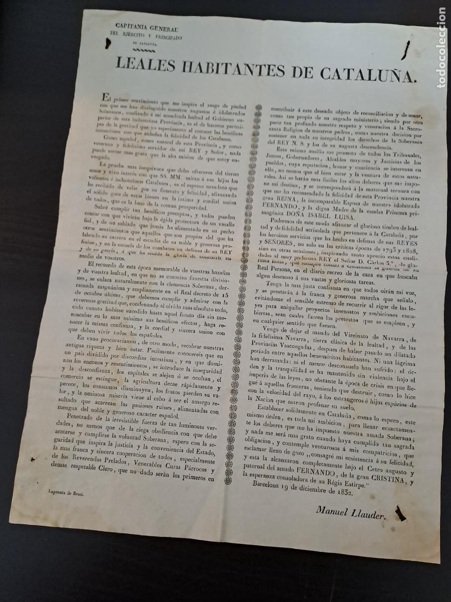 Militaria: MANUEL LLAUDER-BANDO A LOS LEALES HABITANTES DE CATALU&Ntilde;A PIDIENDO LEALTAD A LA MONARQUIA 1832
