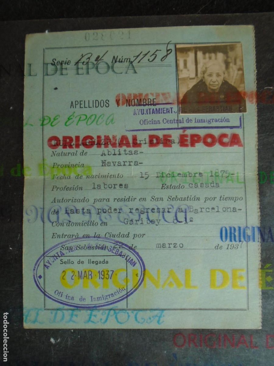 Militaria: (MI-260521)AYUNTAMIENTO DE SAN SEBASTIAN - CARNET OFICINA DE INMIGRACION - GUERRA CIVIL