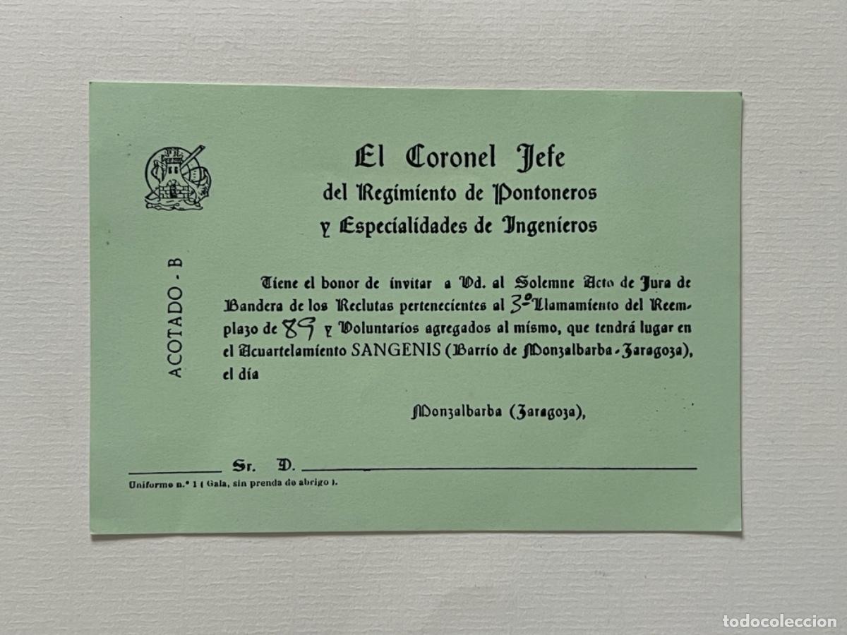 Militaria: Invitaci&oacute;n jura de bandera PONTONEROS SANGENIS MONZALBARBA ZARAGOZA 1989