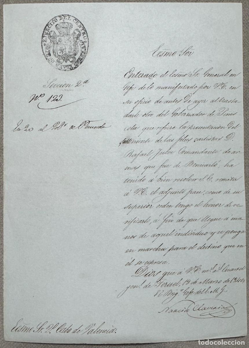 Militaria: DOCUMENTO MILITAR - NARCISO CLAVER&Iacute;A -JEFE DE ESTADO MAYOR DEL EJ&Eacute;RCITO DEL CENTRO - TERUEL A&Ntilde;O 1840