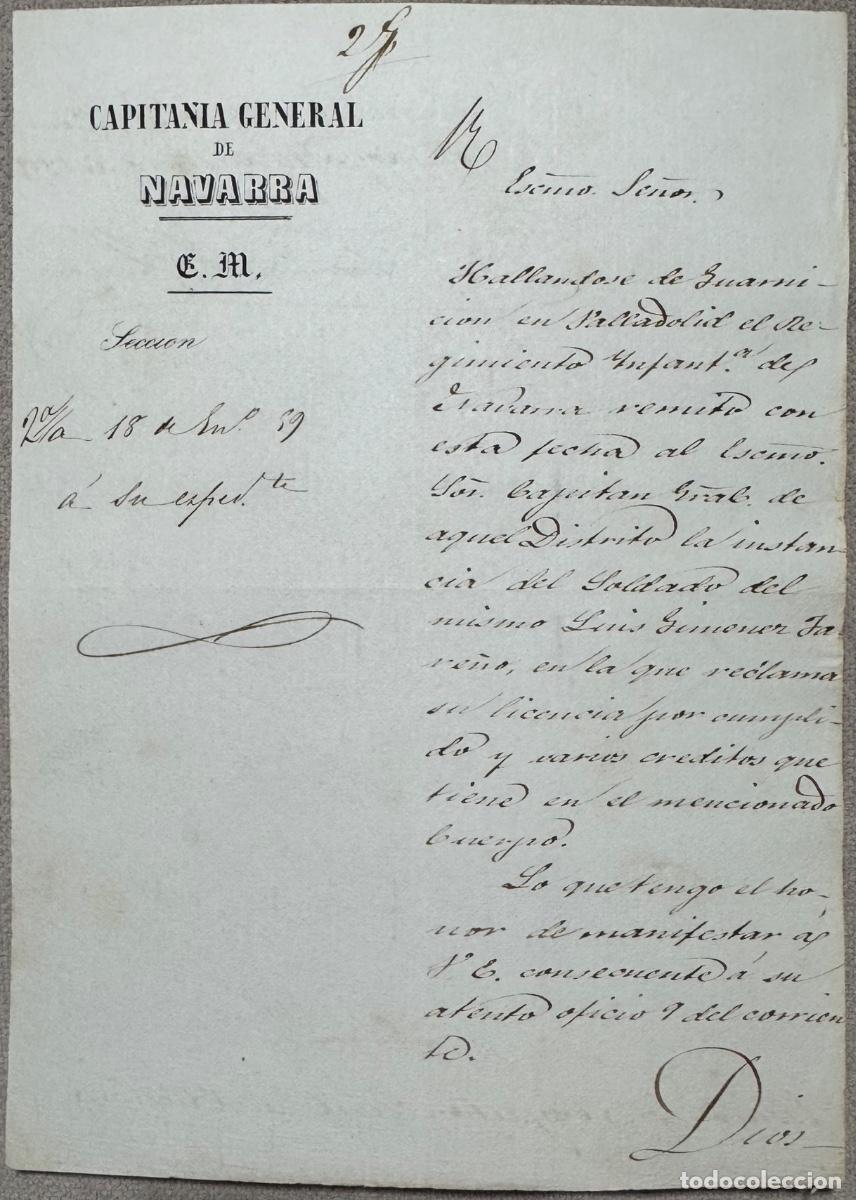 Militaria: DOCUMENTO MILITAR - CAPITAN&Iacute;A GENERAL DE NAVARRA E. M. -FIRMADO ANTONIO MAR&Iacute;A BLANCO - PAMPLONA 1859