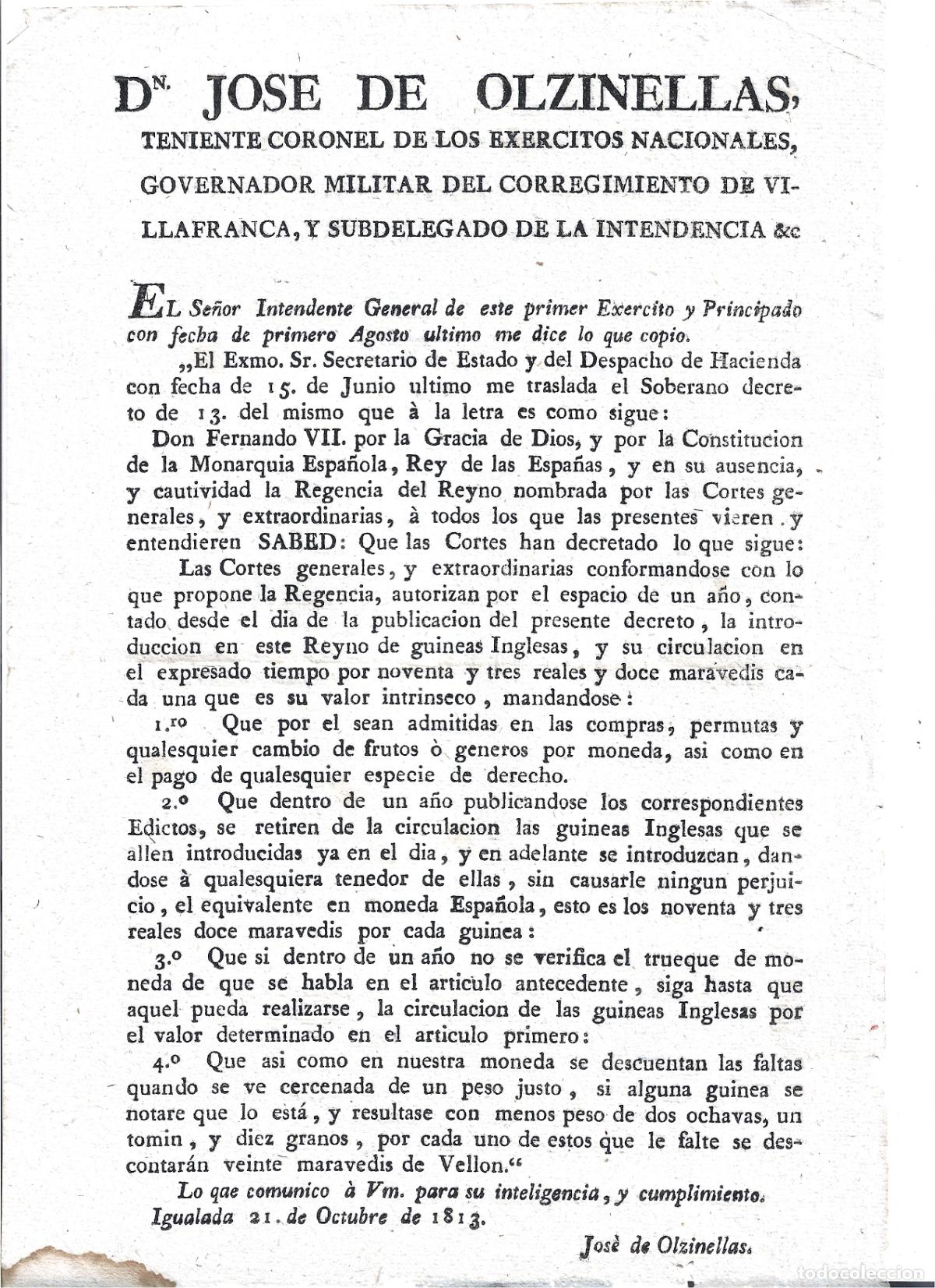 Militaria: PERMISO PARA CIRCULACION DE MONEDAS-GUINEAS INGLESAS-VELLON-JOSE OLZINELLAS-FERNANDO VII-IGUALADA