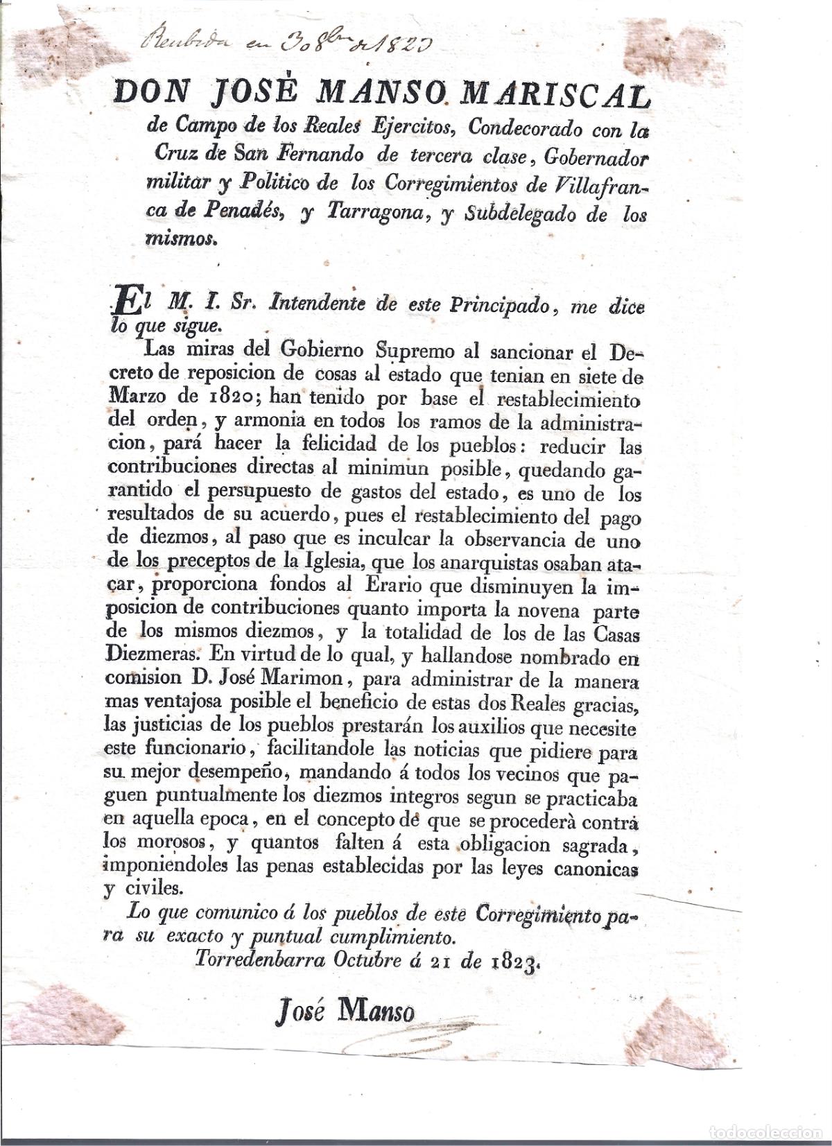 Militaria: TORREDENBARRA-JOSE MANSO MARISCAL-OBLIGACION DE PAGAR IMPUESTOS-21 OCTUBRE 1823