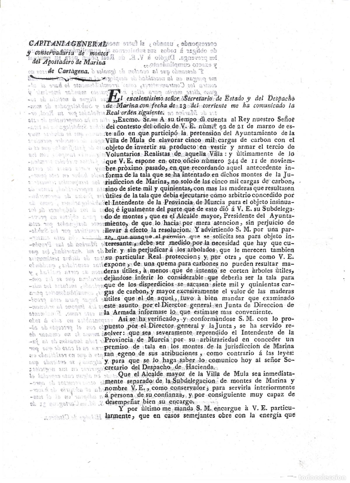Militaria: AYUNTAMIENTO DE MULA-MURCIA-ORDEN DE REGULACION DE TALA DER ARBOLES-CAPITANIA GRAL MARINA-CARTAGENA