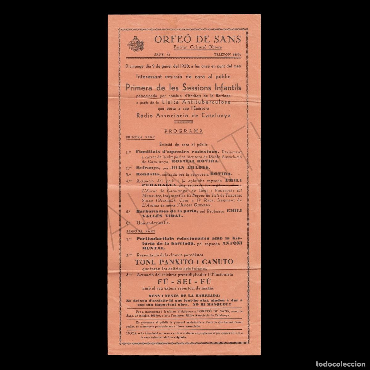 Militaria: Cartell Orfe&oacute; de Sants &ndash; Guerra Civil &ndash; 1938 Barcelona&ndash; Radio Associaci&oacute; de Catalunya &ndash; Joan Amades