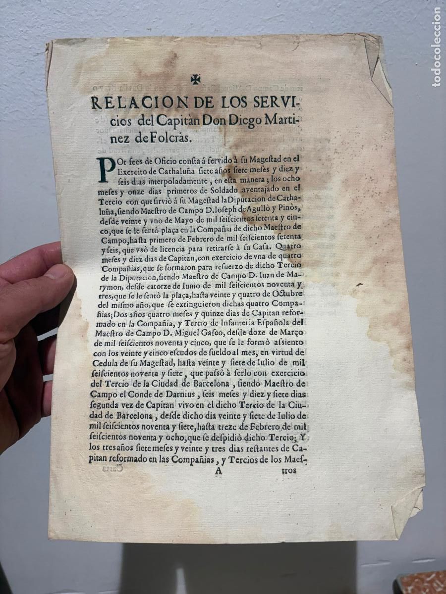 Militaria: Documento militar original 1701 Barcelona &ndash; Diego Mart&iacute;nez de Folcr&agrave;s &ndash; Guerra de Sucesi&oacute;n