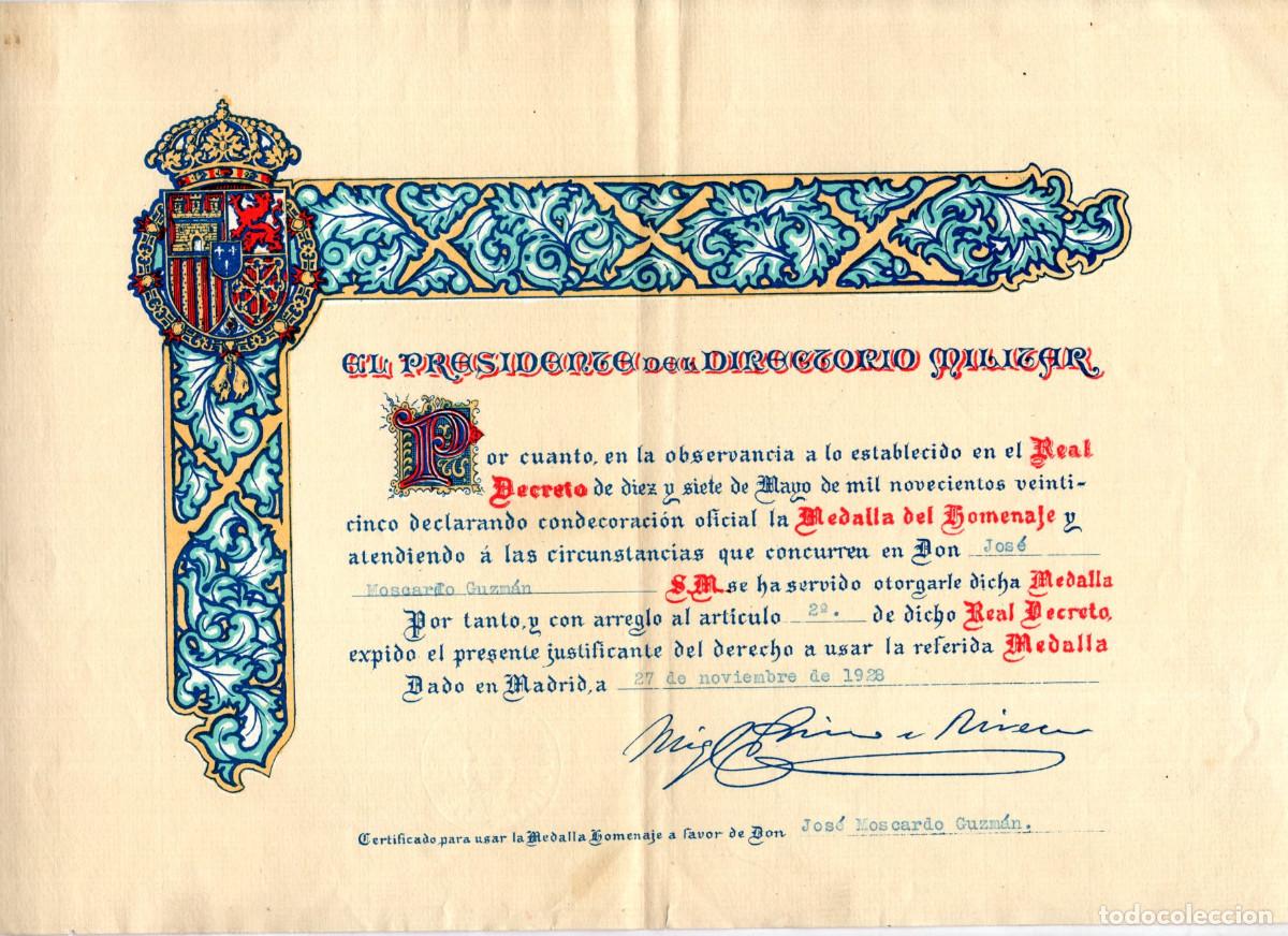 Militaria: CONCEDE A JOS&Eacute; MOSCARD&Oacute; GUZM&Aacute;N. MEDALLA HOMENAJE DE LOS AYUNTAMIENTOS. FIRMA MIGUEL PRIMO DE RIVERA