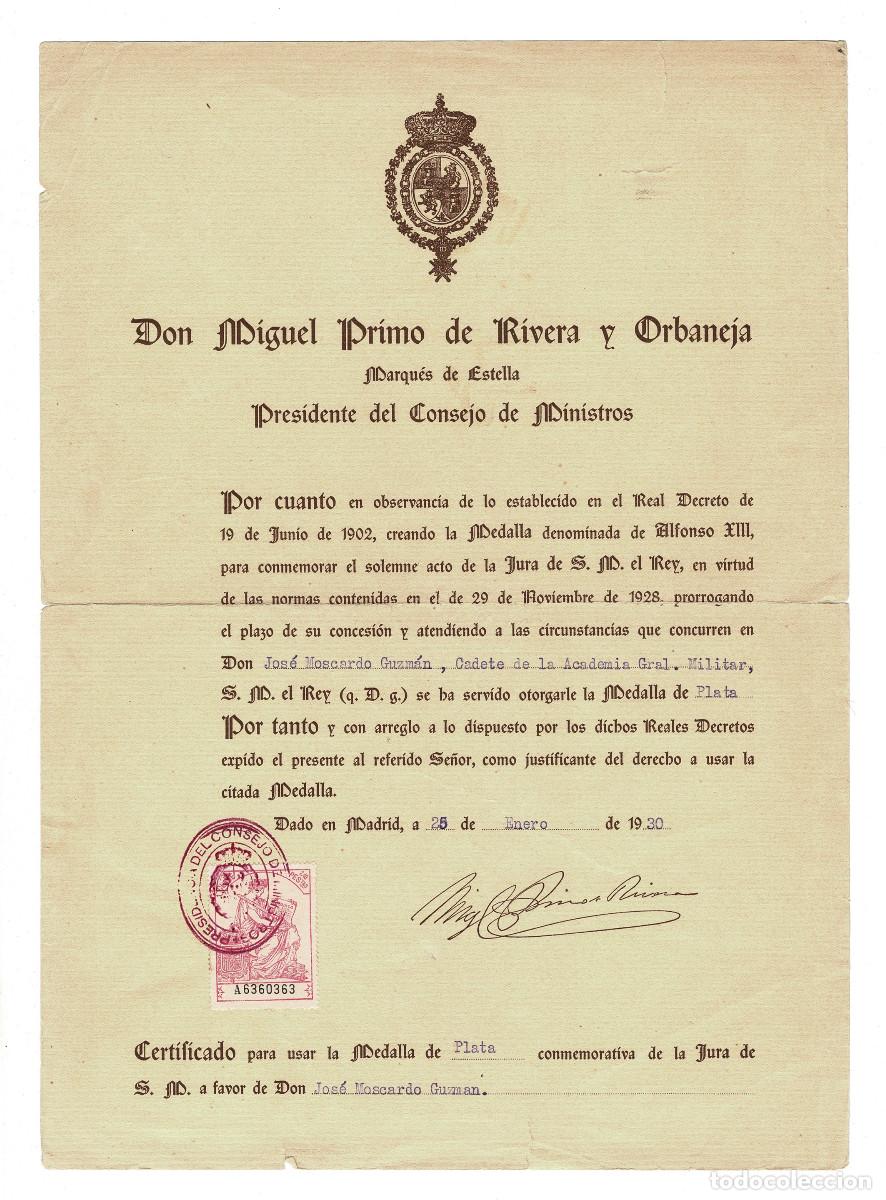 Militaria: CONCEDE A JOS&Eacute; MOSCARD&Oacute; GUZM&Aacute;N. MEDALLA DE PLATA ALFONSO XIII JURA DE S.M. EL REY