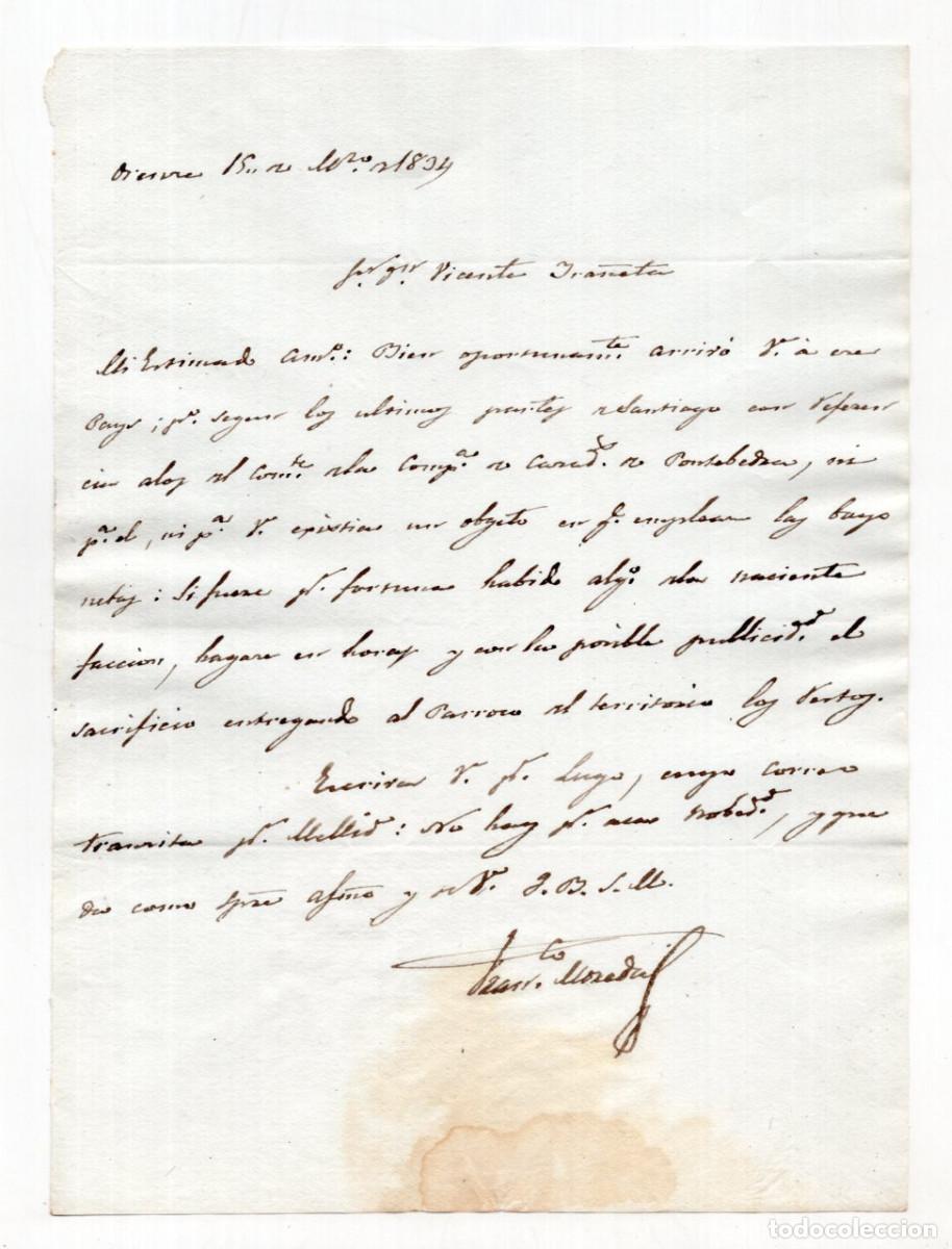 Militaria: CARTA A VICENTE YRA&Ntilde;ETA. TRATA SOBRE ASUNTOS PERSONALES RELACIONADOS CON UBICACI&Oacute;N DE OBJETOS.1834