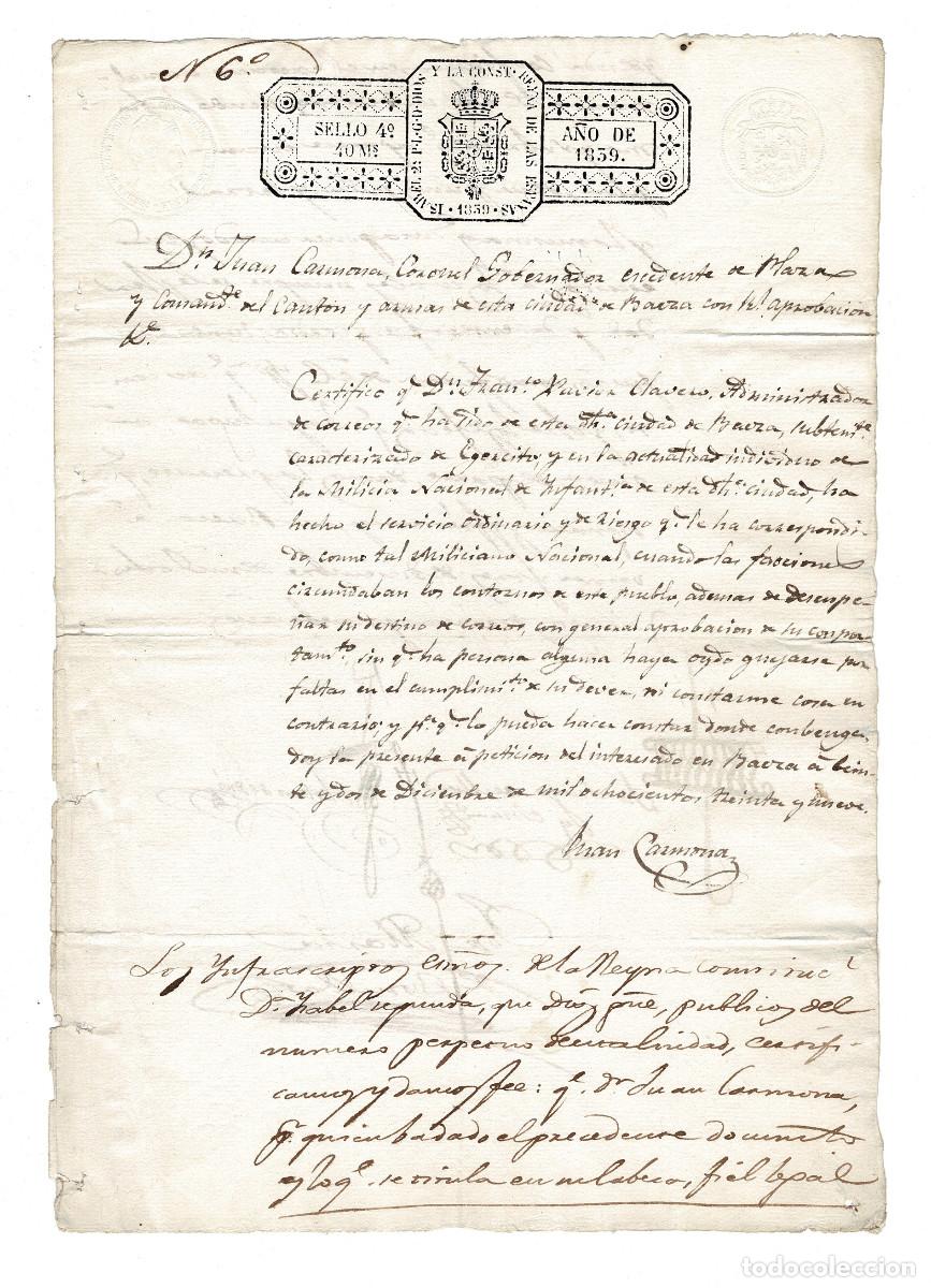 Militaria: CERTIFICADO DE CONDUCTA Y SERVICIOS EXPEDIDO EN BAEZA. SUBTENIENTE MILICIA NACIONAL DE INFANTER&Iacute;A