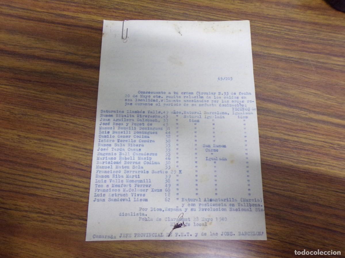 Militaria: LIQUIDANDO. documentos militar, falange. jons 1940. asesinados por los &rdquo;rojos&rdquo; la pobla de claramunt