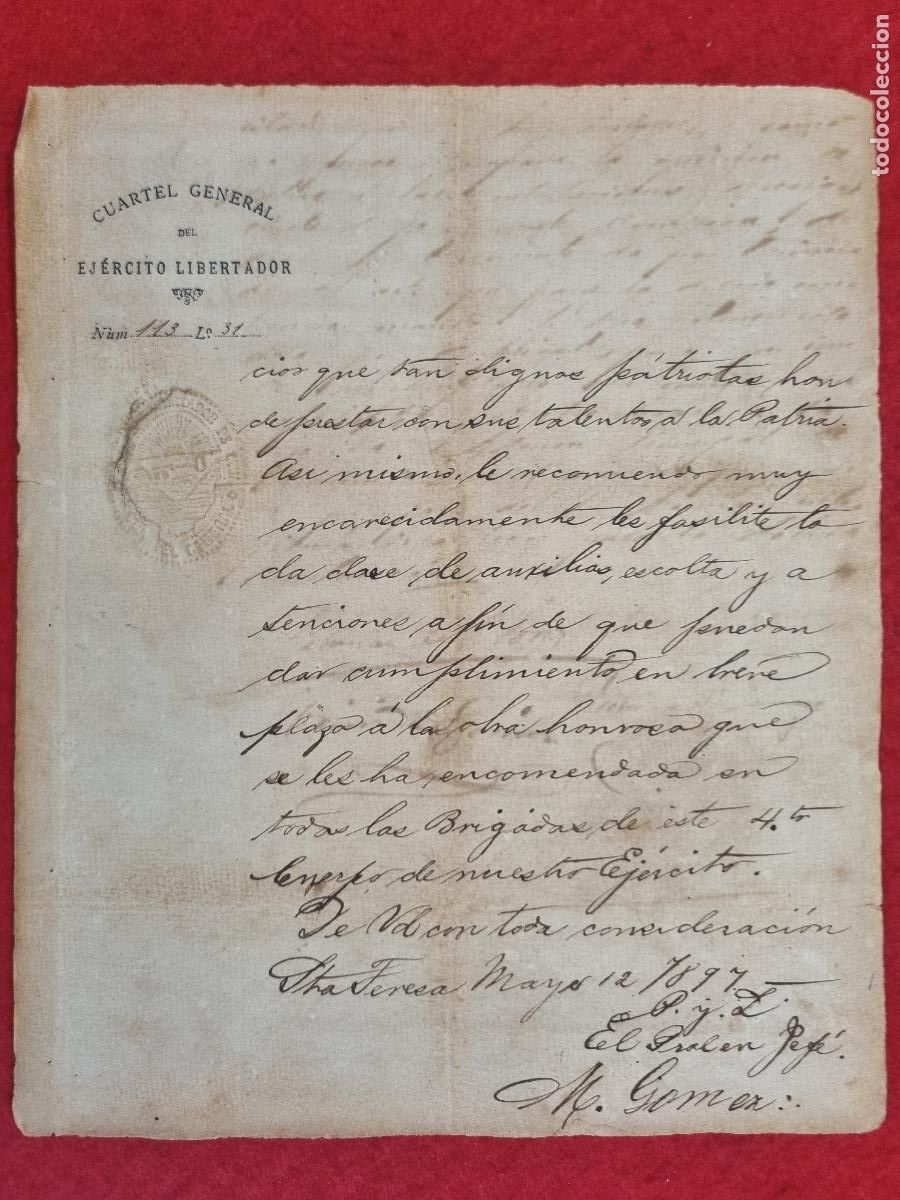 Militaria: DOCUMENTO CUBA CARTA CUARTEL EJERCITO LIBERTADOR FIRMADA POR MAXIMO GOMEZ 1897 ORIGINAL