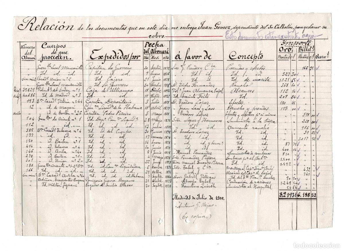 Militaria: RELACI&Oacute;N MILITAR EN CUBA, ENTREGA JUAN GOMEZ, DEPENDIENTE DEL SR CALBET&Oacute;N, PARA GESTI&Oacute;N. MADRID 1900