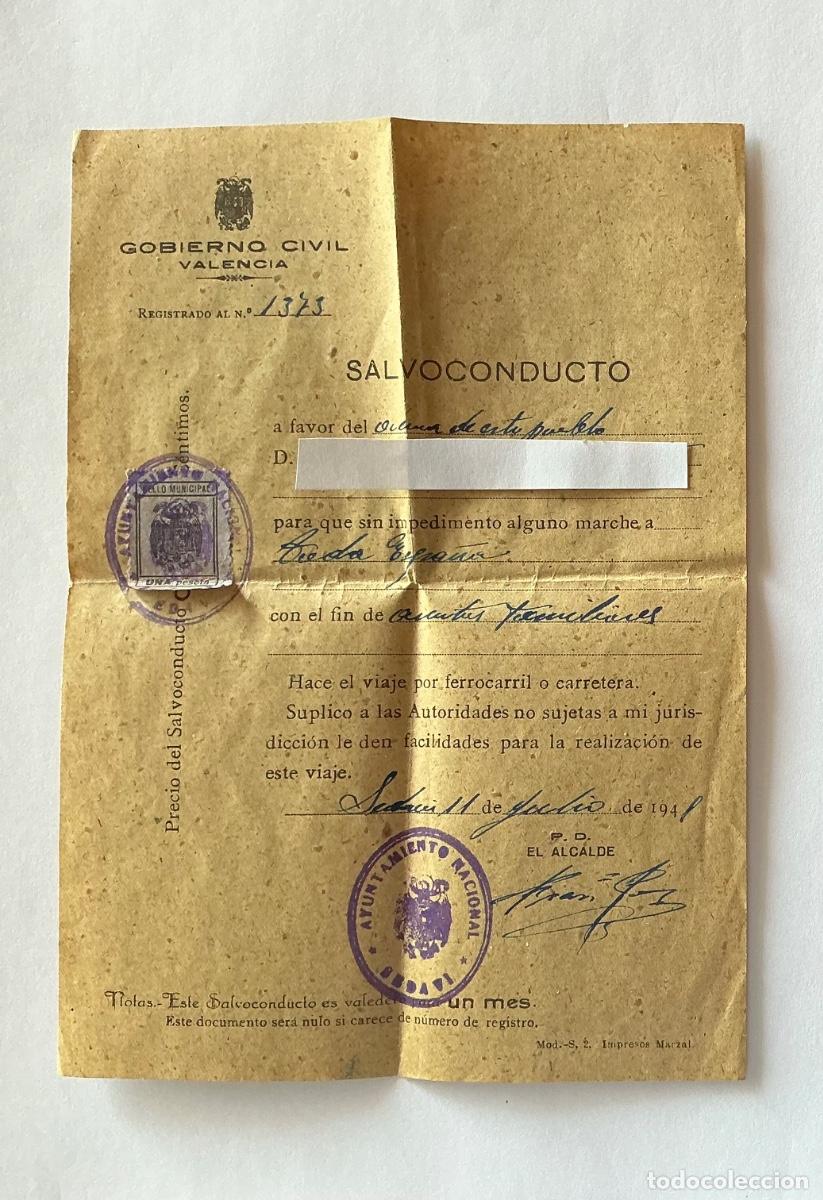 Militaria: SALVOCONDUCTO CON VI&Ntilde;ETA SELLO MUNICIPAL SEDAV&Iacute; VALENCIA POST GUERRA CIVIL