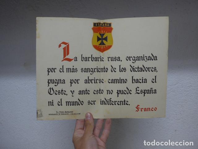 Militaria: Antiguo cartel original de 1943 de la Division Azul, frase quincenal.