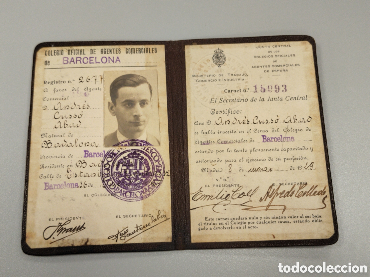 Militaria: Carnet &eacute;poca Alfonso XIII colegio oficial de agentes comerciales barcelona.1929.comercio.gremial.mil