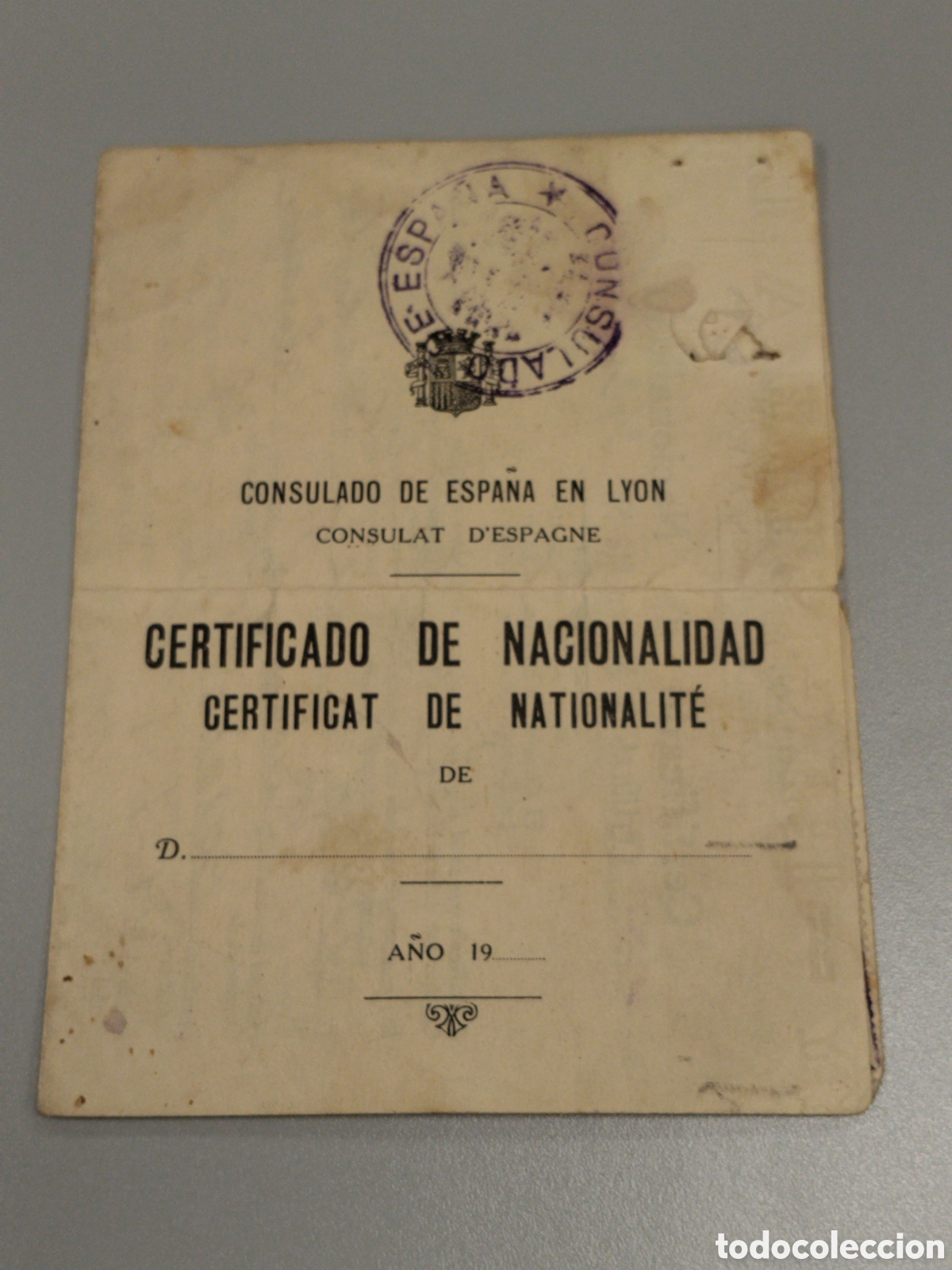 Militaria: Carnet de certificado de nacionalidad consulado espa&ntilde;ol Lyon.epoca republicana.pre guerra civil.alme