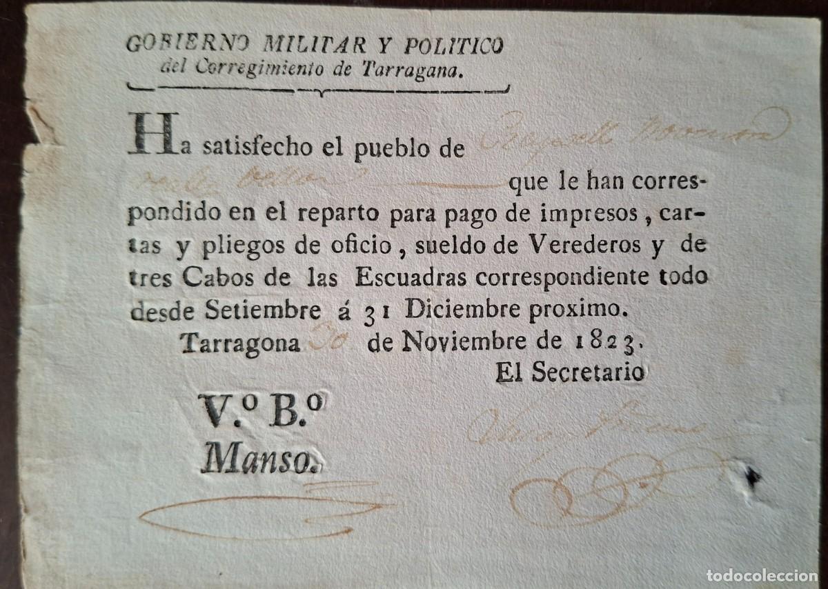 Militaria: Gobierno militar y pol&iacute;tico de Tarragona pago Sueldo a Mossos de Escuadra 1823