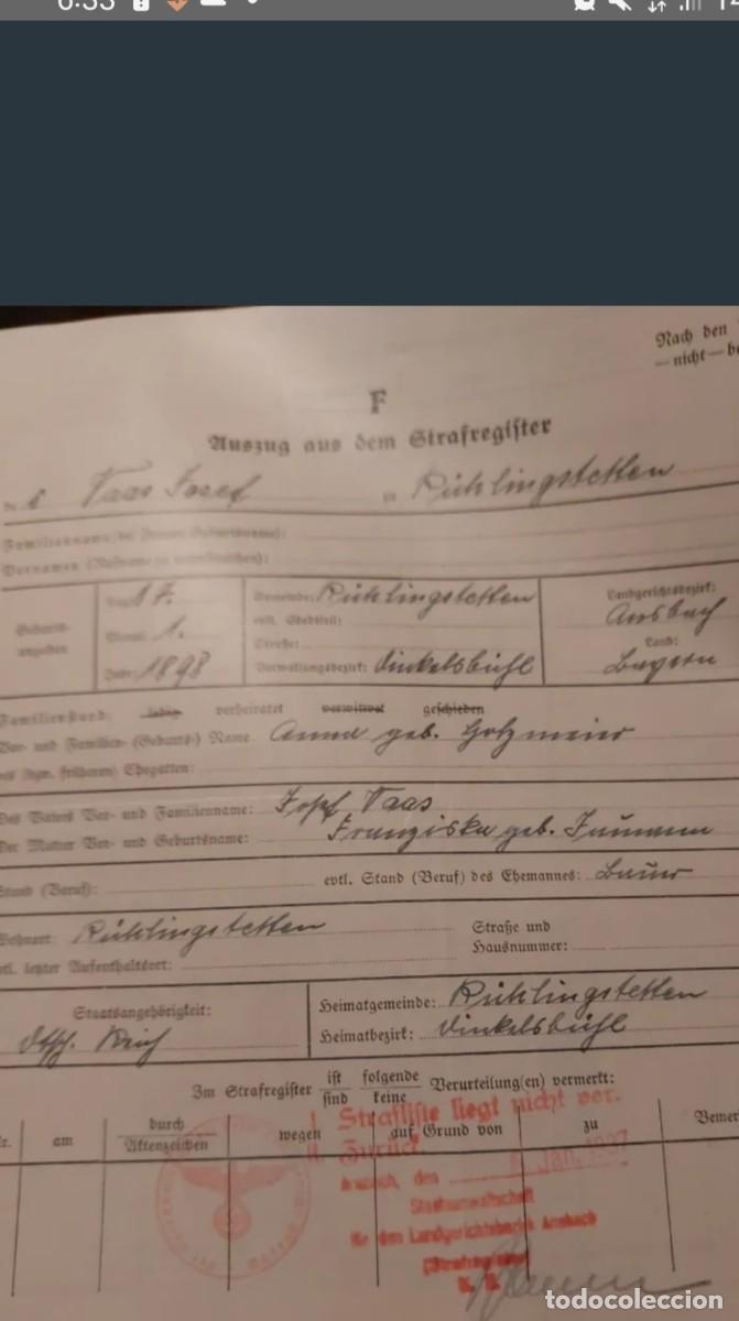 Militaria: Rareza ii guerra mundial certificado antecedentes penales reich Alemania