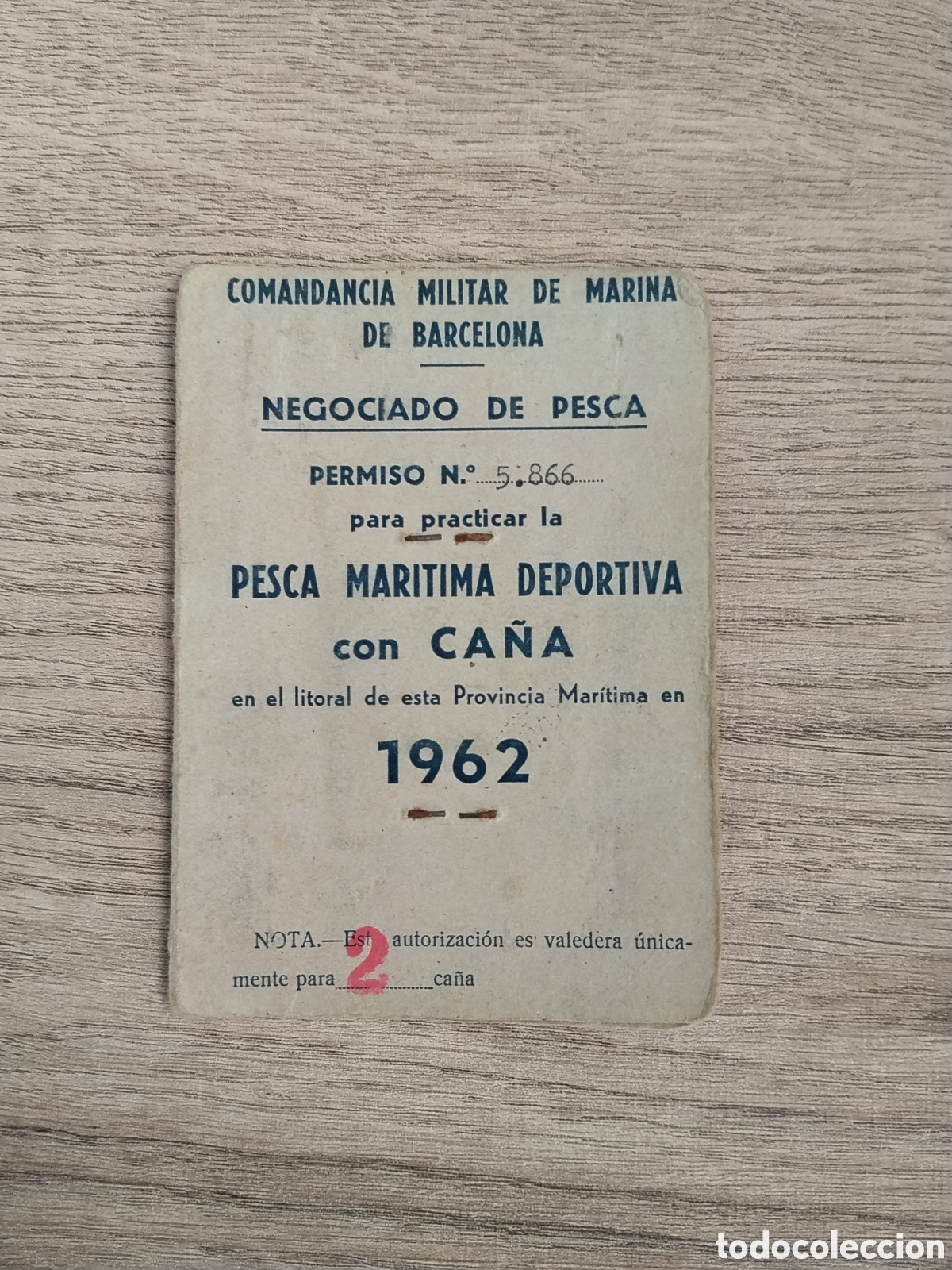 Militaria: Carnet comandancia militar de marina de Barcelona.1962.carnet pesca deportiva.ejercito.armada.catalu