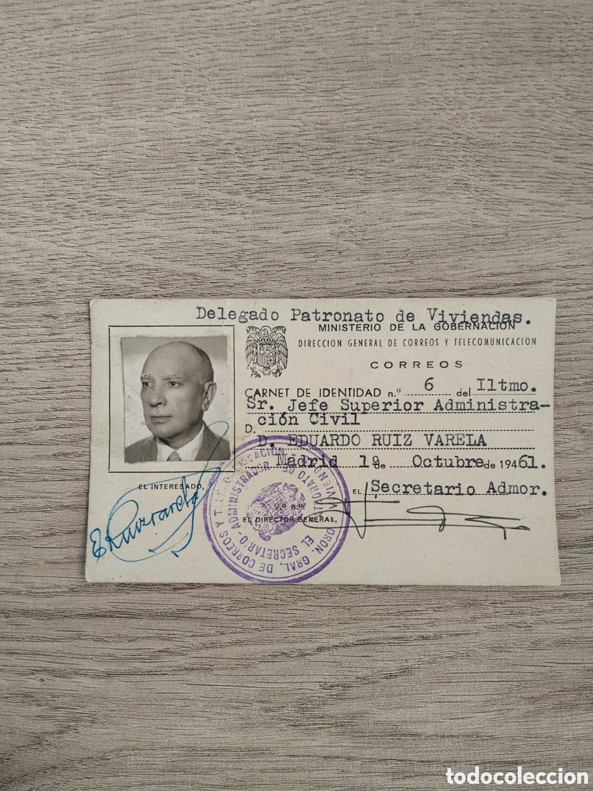 Militaria: Carnet ministerio de la gobernaci&oacute;n delegaci&oacute;n patronato de la vivienda.correos y tel&eacute;grafos.post gu