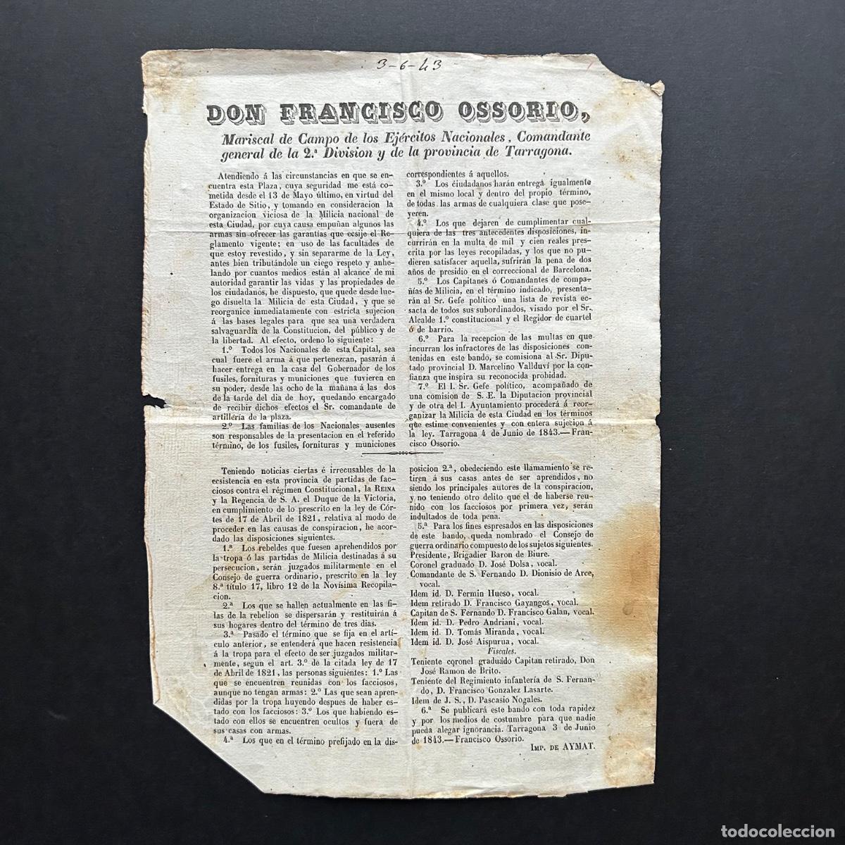 Militaria: Raro Bando Militar de Tarragona (1843) &ndash; Disoluci&oacute;n de la Milicia Nacional y Represi&oacute;n de Rebeldes