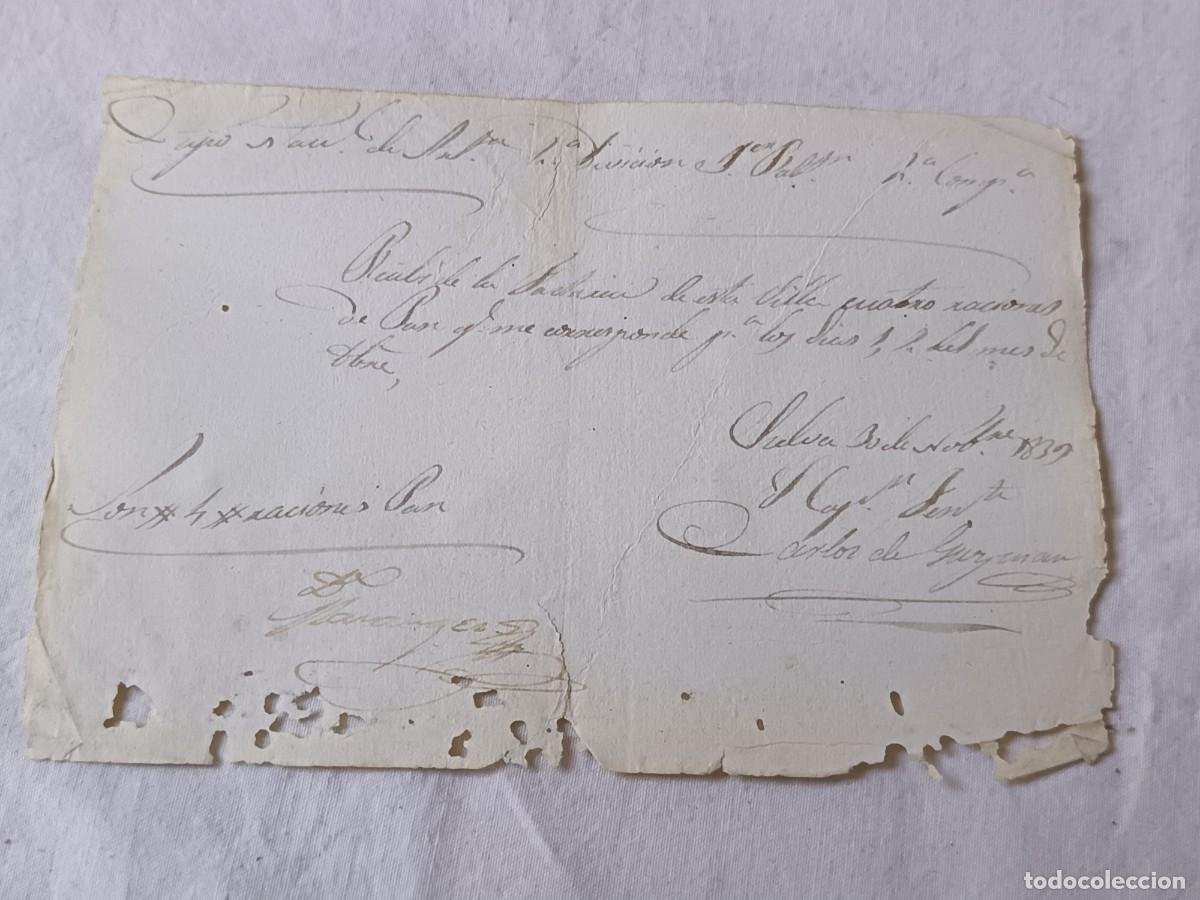 Militaria: 1839, Recibo de Regimiento, aprovisionamiento de pan