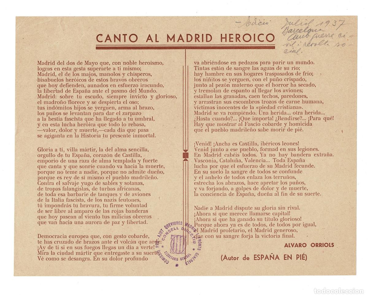Militaria: CANTO AL MADRID HEROICO. ALVARO ORRIOLS, JULIO 1937 GUERRA CIVIL. RESISTENCIA CONTRA FASCISTAS.