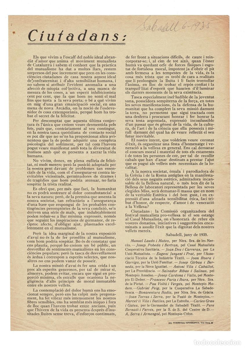 Militaria: MANIFIESTO DIRIGIDO A CIUTADANS (CIUDADANOS) EN CATAL&Aacute;N. SABADELL, 1935.
