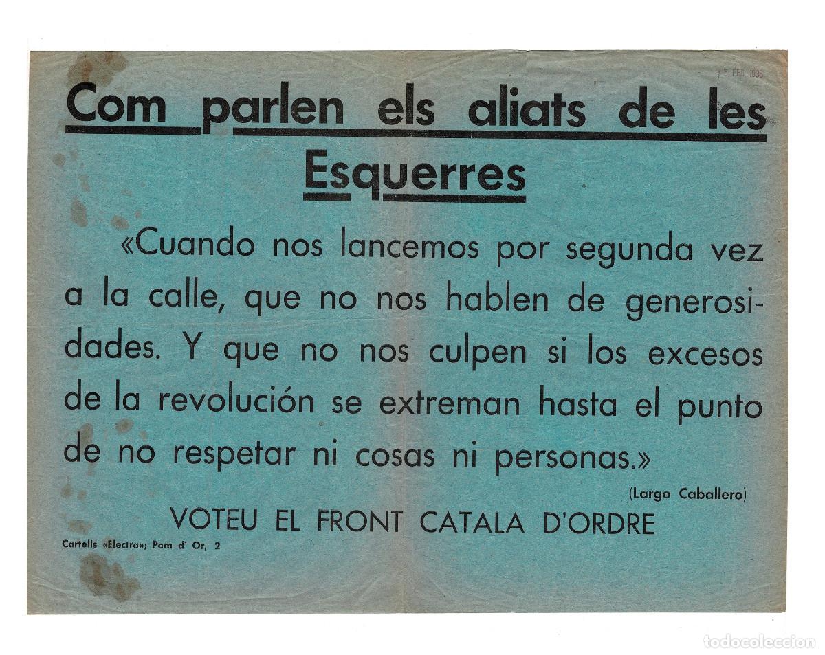 Militaria: CARTEL DE PROPAGANDA POL&Iacute;TICA DEL FRONT CATAL&Agrave; D'ORDRE, BARCELONA ELECCIONES GENERALES 1936.